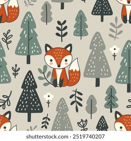 Forest seamless pattern with funny fox . Hand drawn vector illustration. For kids fabric, wrapping, textile, wallpaper, apparel. Vector illustration