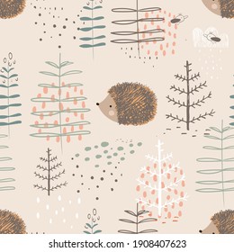 Forest seamless pattern with funny hedgehogs . Hand drawn vector illustration. For kids fabric, wrapping, textile, wallpaper, apparel. Vector illustration