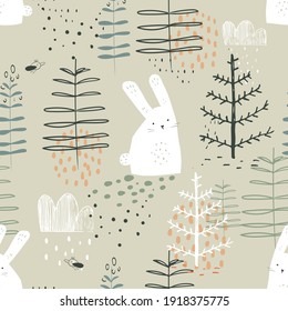 Forest seamless pattern with funny rabbits. Hand drawn vector illustration. For kids fabric, wrapping, textile, wallpaper, apparel. Vector illustration