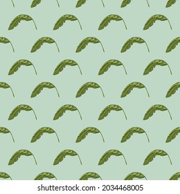 Forest seamless pattern with green little banana leaves print. Pastel blue background. Abstract style. Vector illustration for seasonal textile prints, fabric, banners, backdrops and wallpapers.