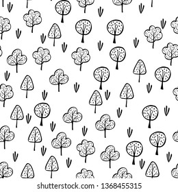 Forest Seamless Pattern. Hand Drawn Vector Doodle Trees. Different Trees Textile Wallpaper. Seamlessly Repeated Background. Vector Illustration.