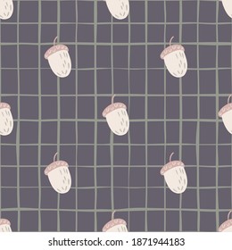 Forest seamless pattern with hand drawn acorn light elements. Grey chequered background. Designed for fabric design, textile print, wrapping, cover. Vector illustration.