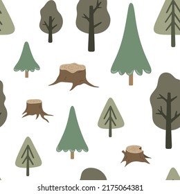 Forest seamless pattern. Hand drawn vector background with pine trees. Cute childish landscape texture for wallpaper, fabric and apparel. Scandinavian illustration with woods