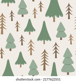 Forest seamless pattern. Hand drawn vector background with pine trees. Cute childish landscape texture for wallpaper, fabric and apparel. Scandinavian illustration with woods