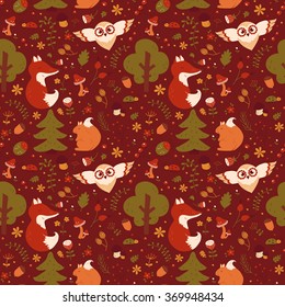 Forest seamless pattern with hand drawn animals, flowers and plants. Cute nature textile in red, green, orange and beige colors. Vector background for baby design.