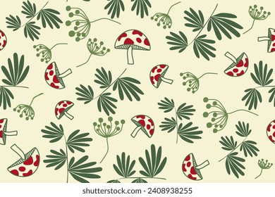 Forest seamless pattern with hand-drawn red mushroom and green leaves. Vector background for textile, cotton fabric, wallpapers, print, gift wrap, and scrapbooking. Raster copy.