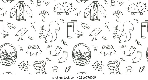 Forest seamless pattern. Ideal for coloring books, stamps, invitations and others. Doodle style. Outline vector.