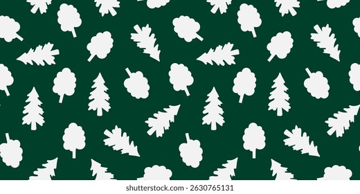forest seamless pattern with ivory tree silhouettes on dark emerald green background – pine, oak, spruce minimalist style for christmas, packaging, fabric