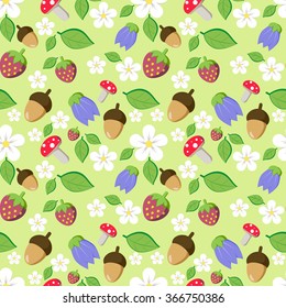 Forest seamless pattern for kids with flowers, mushrooms (amanita), leaves and acorns. Vector illustration