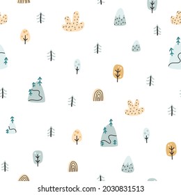 Forest seamless pattern. Landscape with mountains, trees, Christmas trees in a simple childish hand-drawn doodle cartoon Scandinavian style. Naive vector background ideal for baby clothes, textiles.