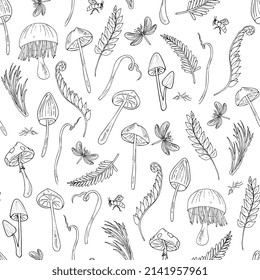 Forest seamless pattern. Magic mushrooms and herbs, natural fantasy background