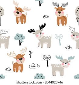 Forest seamless pattern with moose and floral elements. Cute vector hand deer background in Scandinavian style. Perfect for wallpapers, fabric, textile. Pastel colors

