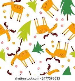 Forest seamless pattern with moose and floral elements on a white background. Doodle vector illustration. Creative kids woodland texture for fabric, wrapping, textile.