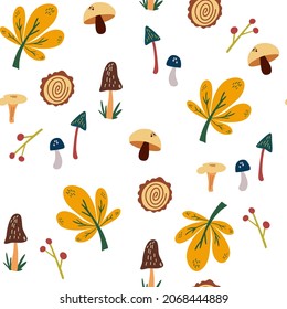 Patrón ininterrumpido de bosques. Hongos, bellotas, deja bayas en el fondo. Elementos de diseño de bosques florales. Para tejidos, envolturas, textiles, papel pintado, prendas de vestir. Ilustración vectorial.