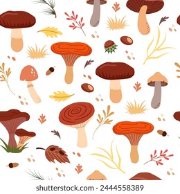 Аutumn forest seamless pattern. Mushrooms, berries, chestnuts, pine needles, leaves. Beautiful trendy background for packaging, fabric, wallpaper. 