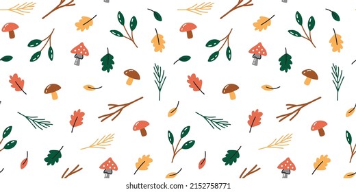 Forest seamless pattern. Mushrooms and different leaves. Hand drawn flat style. Vector illustration.