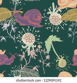 Forest seamless pattern. Mushrooms, leaves, dandelions and snails. Pattern in pastel colors. Sketch by hand. Vector in color. For textiles, wallpaper, etc.