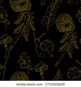 Forest seamless pattern. Natural summer background with fern leaves, snail, fly agaric and blueberries, lingonberries. For fabric, packaging, textiles.