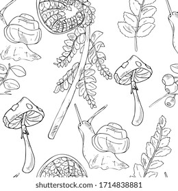 Forest seamless pattern. Natural summer background with fern leaves, snail, fly agaric and blueberries, lingonberries. For fabric, packaging, textiles.