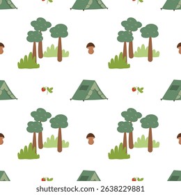 Forest seamless pattern. Nature background. Trees, grass, mushrooms, berries and camp tent decorations