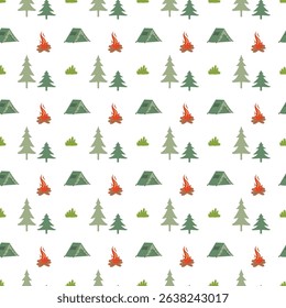 Forest seamless pattern. Nature background. Trees, grass, camp fire and camp tent decorations