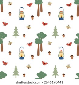 Forest seamless pattern on a white background. Mushrooms, boletus, butterflies, moth, trees, camping lanterns. Abstract and simple pattern