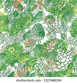 Forest seamless pattern with pine cones and branches. Green fresh and nature!
