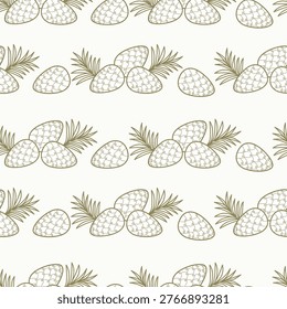 Forest Seamless Pattern With Pine Cones and Branches on White Background. Green Outline, Line drawing, coloring. Vector Illustration