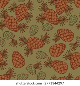 Forest Seamless Pattern With Pine Cones and Branches. Green Baby Cones And Brown Pine Cones On Olive Background. Vector Illustration.