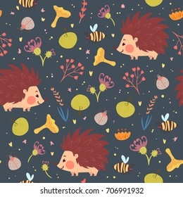 Forest seamless pattern with plants, mushrooms and hedgehogs on dark turquoise background.