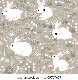 Forest seamless pattern with rabbits and floral elements. Cute   vector hand drawn rabbit background in Scandinavian style. Perfect for wallpapers, fabric, textile. Pastel colors