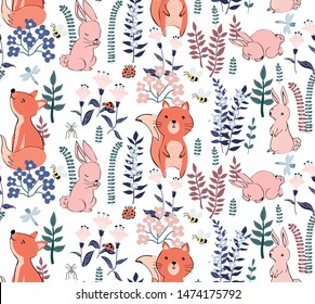 Forest seamless pattern with rabbits, fox and floral elements. Cute   vector hand drawn rabbit background in Scandinavian style. Perfect for wallpapers, fabric, textile. Pastel colors
