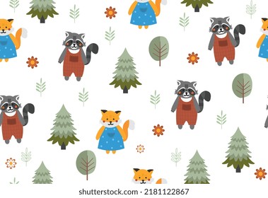 Forest seamless pattern. Repeating design element for printing on wrapping paper. Fox, raccoon and Christmas trees. Forest dwellers and mammals, animals and plants. Cartoon flat vector illustration