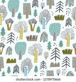 Forest seamless pattern. Scandinavian style. Forest consisting of different trees. Background for kids fabric, textile, nursery wallpaper. Seamless landscape.