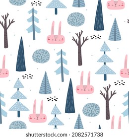 Forest seamless pattern. Scandinavian style. Forest consisting of different trees. Background for kids fabric, textile, nursery wallpaper. Seamless landscape.