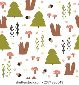 Forest seamless pattern with squirrel. Childish print. Vector hand drawn illustration.