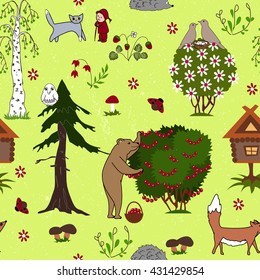 Forest seamless pattern with trees, bushes, house, and animals. Kids background