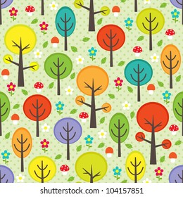 Forest seamless pattern with trees, leafs, mushrooms and flowers.