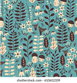 Forest Seamless Pattern. Vector Background with Nature Elements  and Abstract Shapes. Pattern with Doodle Leaf, Flower and Mushroom.