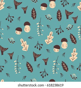 Forest Seamless Pattern. Vector Background with Nature Elements - Doodle Leaf, Flower and Mushroom