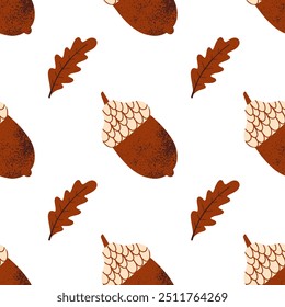 Forest seamless pattern. Vector hand draw leaf and acorn. 