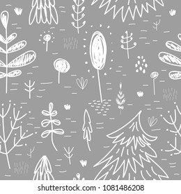 Forest seamless pattern with white trees and plants on a gray background. Vector illustration in the Scandinavian style. Good for gift card and kids products.