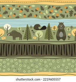 Forest seamless pattern, wild boar, bear, beaver, firs and trees, hand drawn green background. Colorful background vector. Illustration with animals. Decorative wallpaper suitable for nursery print.