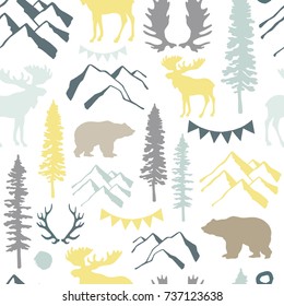 Forest seamless pattern. Wild nature. Ideal for cards, invitations, party, banners, baby shower, preschool and children room decoration.