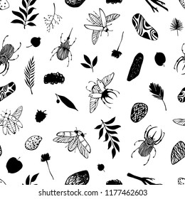 Forest seamless pattern withbeetles, branches and flowers.