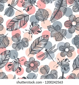 Forest seamless pattern withbeetles, branches and flowers.