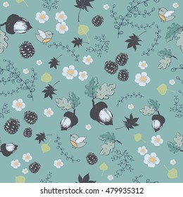  forest seamless pattern.Hand drawn vector illustrations/ Seamless pattern with with pine cones , leaves, birds,Flowers. Forest background.can be used for textile design