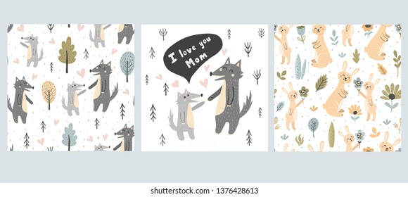 Forest seamless patterns collection. Backgrounds with cute wolves and rabbits - mothers and babies. Vector illustration