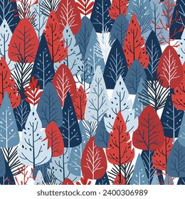 Forest seamless postcard. Colorful and creative vector illustration of forest pattern. New Year, winter holidays, Christmas concept background.