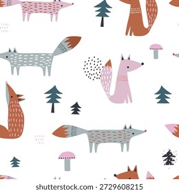 Forest seamless texture with fox, mushrooms and trees. Childish woodland pattern in scandinavian style. 
